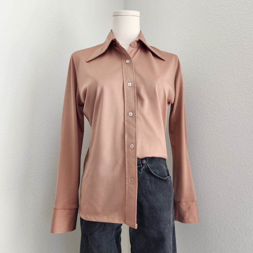 Vintage 70s City Slicks Tan Button Down Dagger Collared Blouse Long Sleeve S